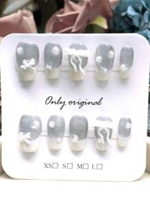 10PCS White Press On Nails Short Coffin Nails, Summer Nails, French Nail Supplies, Cat Eye, Bow Short Nails Home DIY Nail Design Full Coverage Fake Nail Tips Artifical Fingernails For Women And Girls Manicure Supplies Office Daily Wear False Nails, Purely Hand-Wear Nails, Handmade Press On Nails