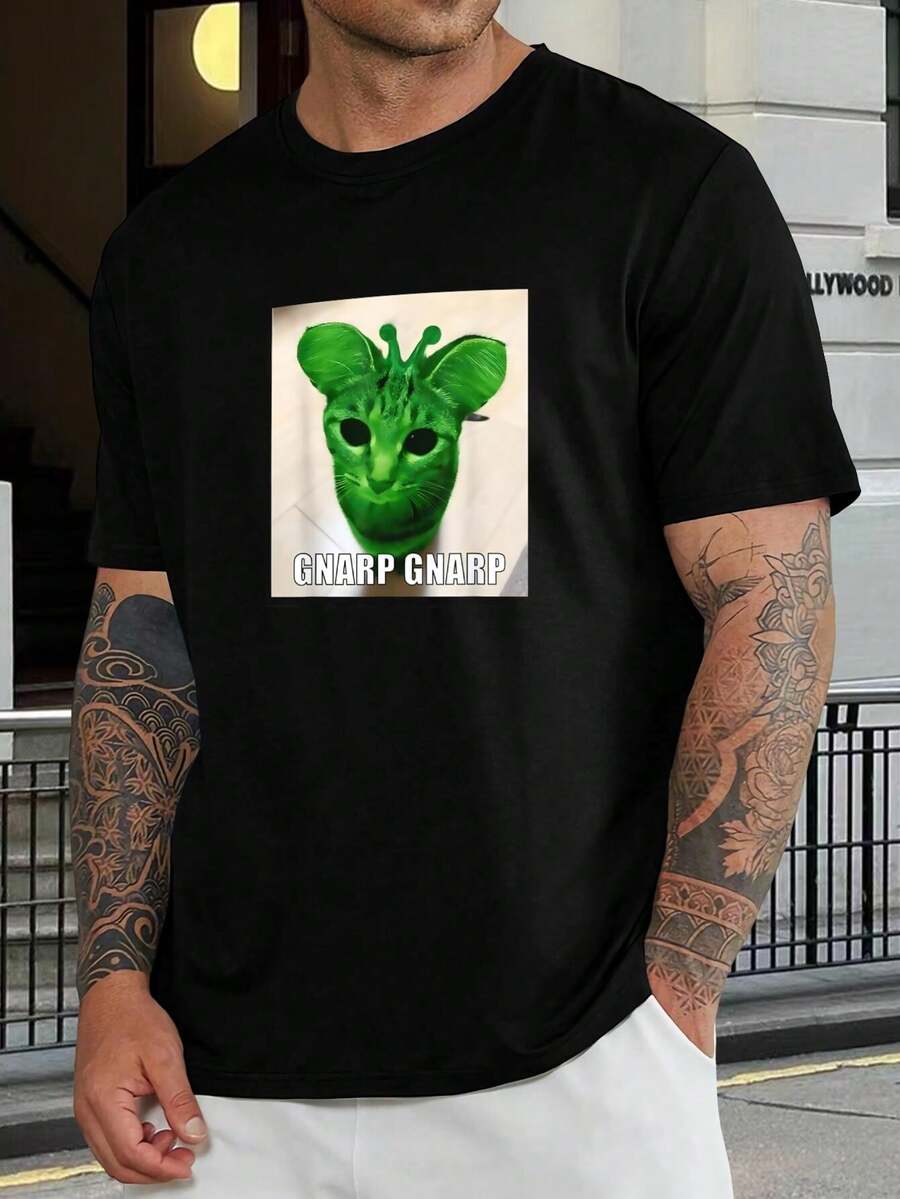 Camiseta de Gato Extraterrestre Gnarpy - Camiseta Meme Divertida para Amantes de Gatos | Estampado Gráfico de Moda, Top Casual | Regalo Único para Hombres y Mujeres | Mezcla de Algodón Cómoda | Blanco y Negro - Negro - Ver 1