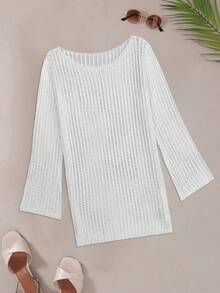 女式纯色休闲透气海滩度假性感镂空透视长袖罩衫迷你连衣裙，春夏 - 白色 - 查看 12