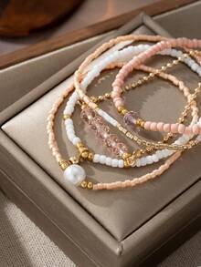 Set de 5 piezas de pulsera ajustable de perlas imitadas y cuentas de cristal en capas, de color rosa delicado y oro, para uso diario, citas, fiestas, regalo para amigos - Multicolor - Ver 4
