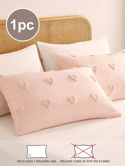 1件装纯色浅粉色毛绒爱心图案枕套，天鹅绒材质，床上用品，超级柔软，四季皆宜，可爱枕套（不含枕芯），提供单人、双人、大号、特大号尺寸