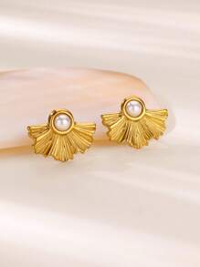 1 Par de Pendientes tipo botón con hojas de ginkgo de lujo para mujeres, de color dorado, con perlas falsas de acero inoxidable. Joyas de moda para boda, nuevo diseño 2025, regalo