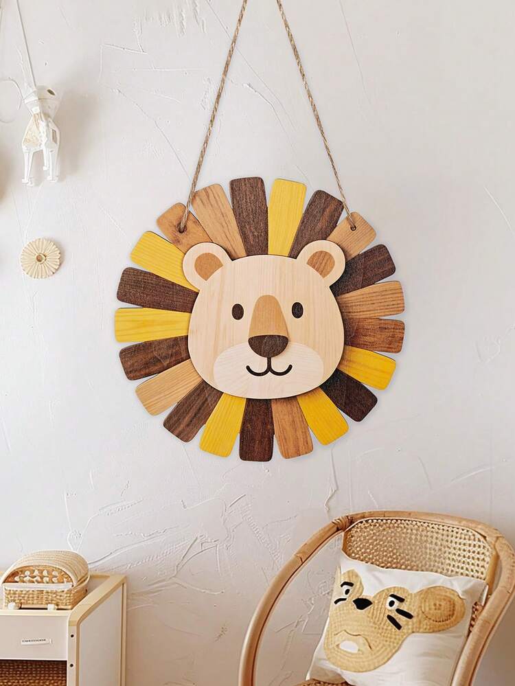 1 pieza Adorno de cabeza de león de madera colgante, decoración de pared animal de doble capa de estilo de dibujos animados, arte de pared con cabeza de león vintage, decoración de león de madera estilo bohemio para cocina, sala de estar, dormitorio, hogar al aire libre - Multicolor - Ver 5
