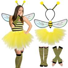 4/5 Stücke Bienen Kostüm für Erwachsene Frauen, gelbe Bienen Kopfbänder mit Antennen, transparente Flügel, gelber Tüllrock, gestreifte Stulpen Socken und Handschuhe für Karneval, Ostern Tier Cosplay Party Kostüme