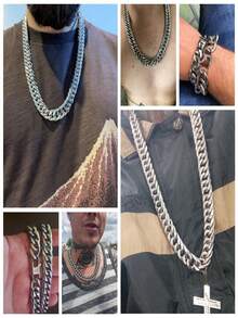 8/10/12/14mm 男士钛钢不锈钢双扣六角抛光龙头扣镜面抛光手链项链粗链，适合男女街头嘻哈饰品项链 - 銀色 - 查看 7