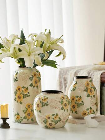 1pc Bohemian Rustic Ceramic Large Flower Vase, Ice Crack Design, Sunflower Pattern, Homeware Decor For Living Room Entryway, Suitable For Fresh Flowers, Farmhouse Style, Vintage Chic
