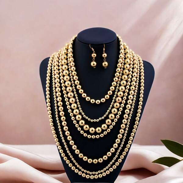 Collar de perlas con múltiples capas, elegante, personalizado, simple y de aspecto lujoso en color dorado