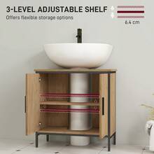 HOMCOM Under Sink Bathroom Cabinet, Industrial Freestanding Under Sink Cabinet With 2 Doors, Adjustable Shelf And Steel Frame For Basin Without Or With Pedestal, Oak - 棕色 - 查看 5