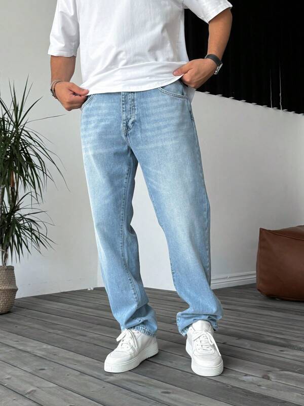 Men's Straight Leg Casual Washed Jeans, Minimalist Men's Long Pants, Denim