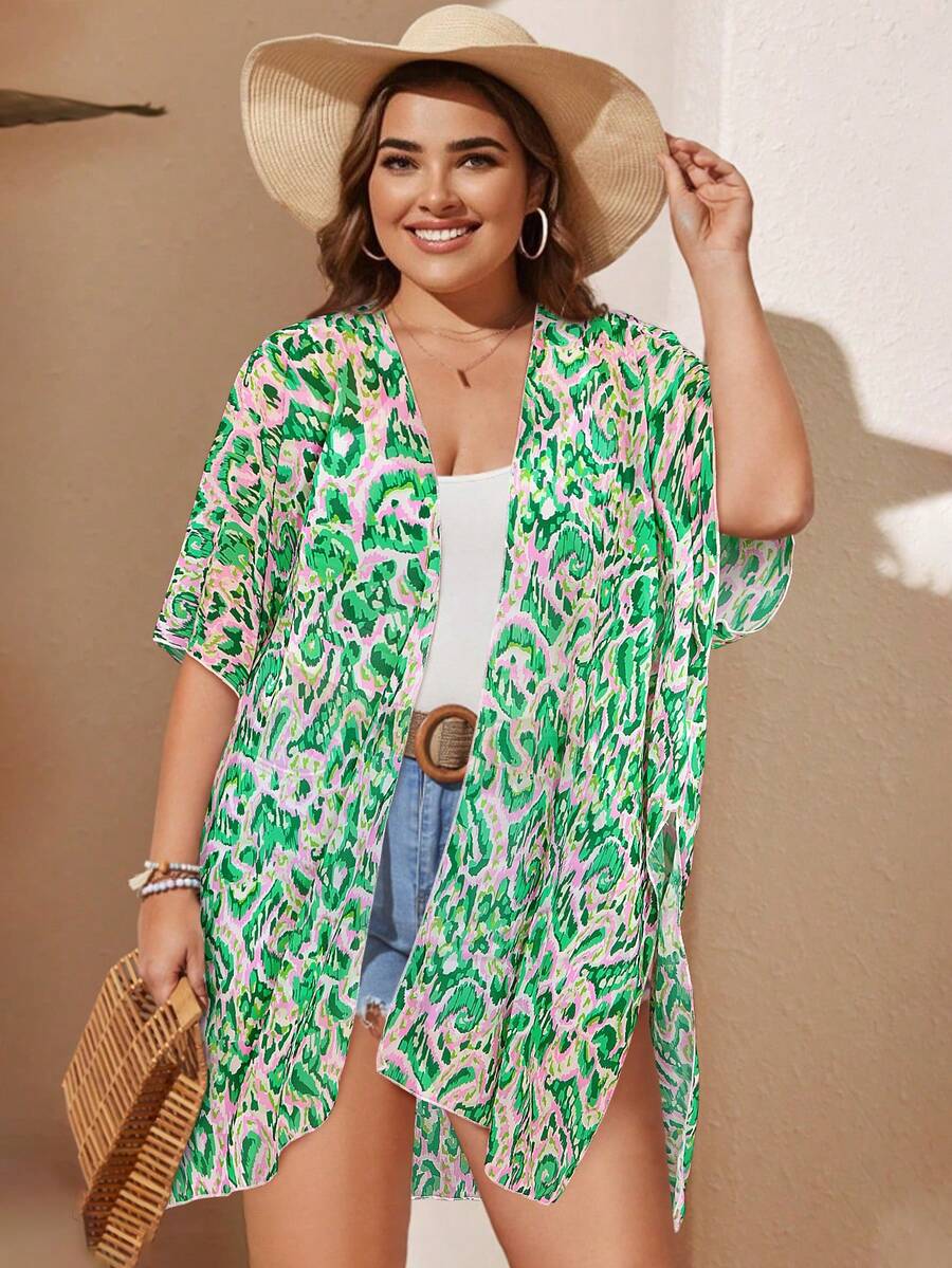 Allover Print Kimono Women Tops Spring Summer Vacation Beach Short Sleeve Cover Up - Multicolor - View 1