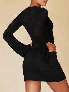 Womens Crochet Swimsuit Cover Up Long Bell Sleeve V Neck Tie Mesh Knit Summer Beach Dress Vacation Outfits - 黑色 - 查看 2