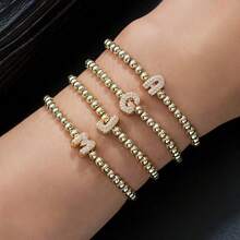 1 件简约黄铜和立方字母串珠弹性手链，适合女士 - 金色 - 查看 1