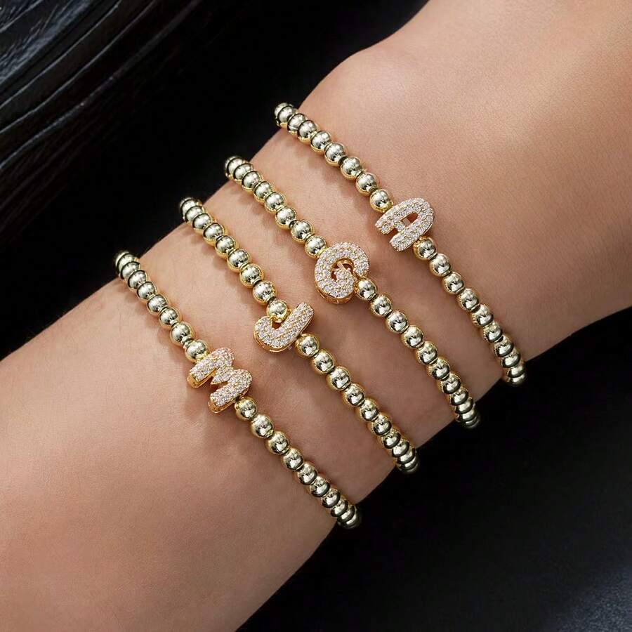 1 件简约黄铜和立方字母串珠弹性手链，适合女士 - 金色 - 查看 1