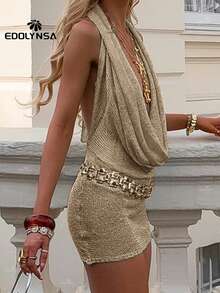 Solid Colour Sexy Stacked V Neck Sleeveless Backless Knit Beach Mini Dress 2025 Women Summer Swimsuit Cover Up Party Outfit