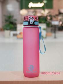 1pc 1000ml/750ml Outdoor Large Capacity Sports Water Bottle, 32oz/26oz, Direct Drinking Mouth Design, Handle Strap, Printed Logo, Plastic Portable Leak-Proof Screw Cap, Suitable For Hiking, Running, Cycling