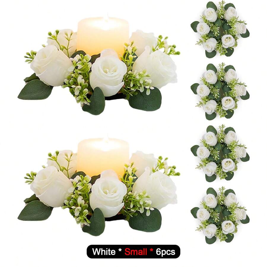 6pcs Small Candle Rings Wreaths 8.3 Inch Inner Diam White Fake Roses Artificial Flowers Wedding Centerpieces For Tables Spring Summer Wreath For Front Door Weddings Bouquet Party Decor - 3種顏色 - 查看 1