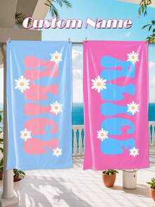 1PC Personalized Custom Beach Towel Featuring A White Daisy Floral Print Design. You Can Have Your Name Customized On It. Whether You're Hitting The Beach, Lounging By The PoolTravel Essentials Travel Accessories Beach Essentials,Vacay Vibes - Multicolor - View 1