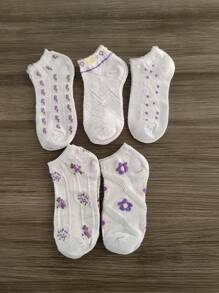 5 Pairs Women's Thin Mesh Breathable Floral Low Cut Invisible Socks, Spring/Summer