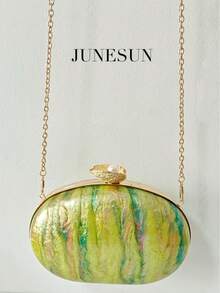 New Arrival Yellow-Green Painted Acrylic Evening Bag, Elegant Vintage Metal & Pearl Decorated Clutch Handbag, Fashion Party Wedding Formal Event Asymmetric Chain Shoulder Bag, Bridal Makeup Cosmetic Hard Box Purse - Multicolor - View 7