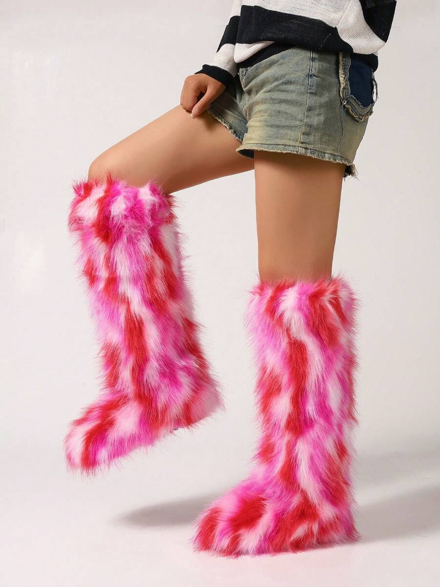 Women's Faux Fur Boot Furry Fluffy Round Toe Suede Winter Comfy Plush Warm Short Outdoor Indoor Flat Shoes Knee-High Boots