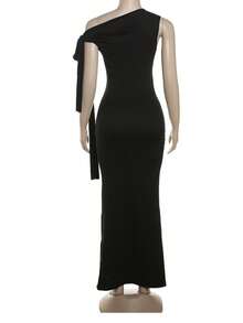 1件装女士优雅纯色不对称领长袖修身派对连衣裙黑色夏季 - 黑色 - 查看 3