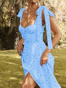 New Spring/Summer V-Neck Spaghetti Strap Tie-Up Fitted Polyester Ditsy Floral Backless Slit Maxi Dress, Vacation Style Boho Dress - Blue - View 11