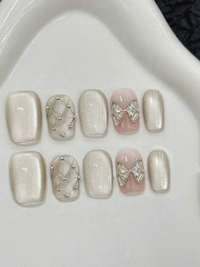 10 件短方形手工按压指甲，适合派对和日常佩戴，灰色指甲，短方形指甲，甜美女孩。短指甲，易于佩戴 10 件 Y2K 手工按压指甲，闪亮明亮，夏季指甲，适合女孩和女性节日派对和日常佩戴指甲用品指甲