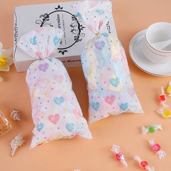 50pcs Colorful Heart Print Gift Bags For Valentine's Day - Plastic, Flat Mouth Design For Party Favors & Presents, School Supplies,Back To School