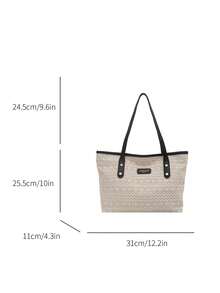 Túi Tote rơm dung tích lớn phong cách đại học cổ điển dành cho nữ, Túi đeo nách màu tương phản thời trang, Túi mua sắm thường ngày phổ biến cho bãi biển mùa hè - màu đen - Xem 7