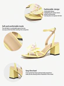 女式黄色高跟花卉角斗士凉鞋，厚底黄色高跟鞋，尖头，闪亮，优雅，适合派对/户外，夏季 - 黃色 - 查看 7