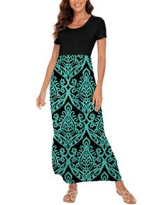 One Piece Women's Long Short Sleeve Dress, Large Round Neck Simple And Elegant Solid Color - 藍綠 - 查看 1