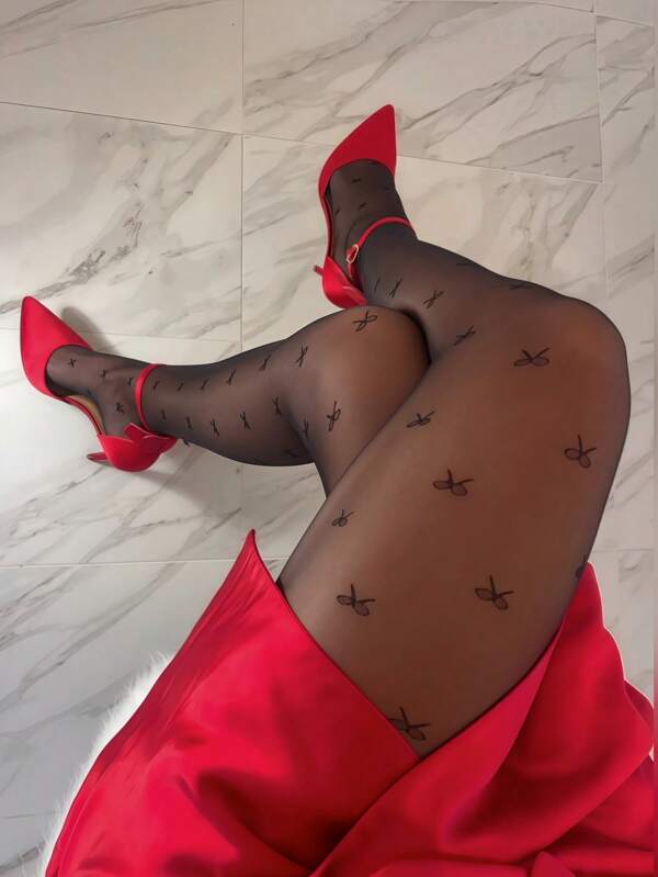 1pc Women Plus Size Skin-Friendly Sexy Butterfly Print Smooth Black Tights