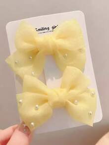 2pcs Girls' Yellow Bow Pearl Duck Clip Hair Clips - Yellow - View 6