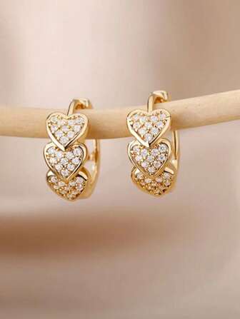 一对圆形铜方晶锆石心形星叶蝴蝶结圈空心两用耳环女士金色圆形耳环婚礼水晶几何节日珠宝派对礼物