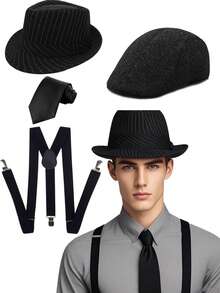D EXCEED 3/4 件 1920 年代服装配饰套装，适合男女报童帽和曼哈顿软呢帽、后背带和领带，男士咆哮 20 年代套装，适合“了不起的盖茨比”主题派对男士 1920 年代礼物万圣节