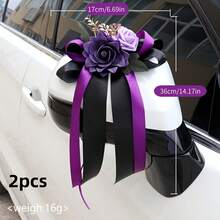 2pcs Wedding Celebration Flower Car Rearview Mirror Decor, Handle Bow Decor, Retro Luxury Wedding Chair Back Flower Arrangement, Vehicle Decor