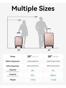 22149 1/2 Piece Set Luggage Sets , Expandable 20 Inch Carry On Luggage And 28 Inch Checked Suitcase With Front Opening (Pink, 20/28) - Cameo Pink - View 10