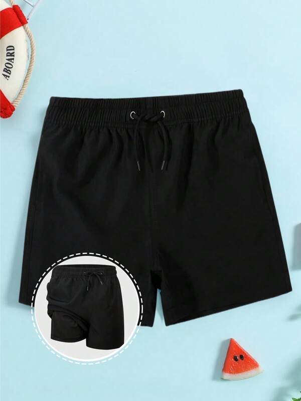 Boy Solid Color Drawstring Waist Swim Trunks