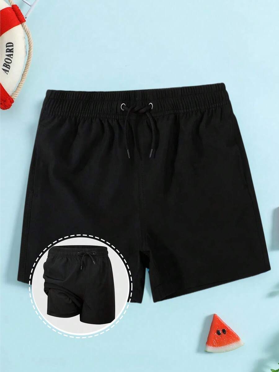 Boy Solid Color Drawstring Waist Swim Trunks - Black - View 1