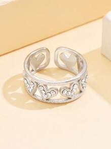 1 pieza Anillo abierto ajustable con hermosas piedras de diamante, anillo de acero inoxidable con forma de corazón, chapado en oro de 18K, joyería multiusos para mujer, para uso diario