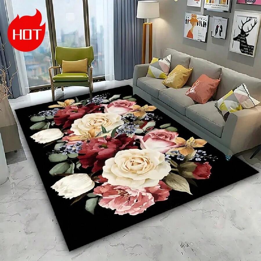 Large Luxury Carpet/Outdoor Carpet, Featuring A New Portable Design, Crafted From High-Tech Crystal Velvet Material With High-Density Knitted Surface That Resists Fading, Abrasion, And Is Easy To Clean. The Bottom Adopts Dotted Large Particles To Enhance Friction And Prevent Slipping. Machine Washable, With Personalized Floral Patterns And Natural Style, Bathroom Decor - Multicolor - View 1