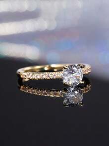 Anillo de circonita cúbica elegante, plateado de platino con diamante simulado, adecuado para compromiso, boda y ocasiones de regalo para mujeres - Dorado - Ver 4