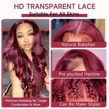 28英寸 #酒红色 99J 蕾丝前假发，真人混纺发丝，13x4 即戴即用蕾丝前假发，预先拔毛，高清蕾丝前额，红色，无胶水，自然波浪卷假发，女士款，200% 密度 - SBUG - 查看 5