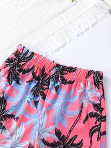 Conjunto de 4 piezas de ropa informal y linda para niño bebé, que incluye camisetas de manga corta de cuello redondo suaves, transpirables y cómodas, y shorts con estampado de árboles de coco en estilo de playa, adecuados para uso diario, vacaciones y fiestas