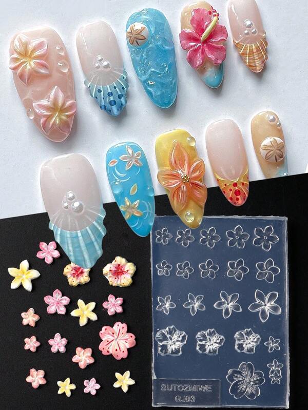 FULL BEAUTY Flower Nail Art Stencil Silicone Carving Mold Plumeria Frangipani Sakura Hawaii Hibiscus Pattern Design Blooming Flower Relief Nail Molds Manicure Art Tool Nail Supplies Charms Decorations,Nail Supplies,Nail Tools,Nail Art Tools,Back To School,Nails,Nail Tools For Press On Nails