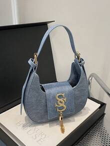 1pc Women's Solid Color Crescent Embroidery Fashion Crossbody Bag, Magnetic Closure - Blue - View 2