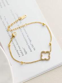 1 Stück 18K vergoldetes Edelstahl Armband mit Zirkonia Kugel und 4-Blatt Kleeblatt, Geschenk für Mütter, Paare, Töchter, Sommerstrandmode, wasserfest und farbbeständig