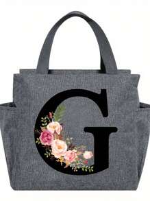 1pc Elegant Floral & Letter Tote Bag - Insulated Lunch Bag, Made Of Durable Polyester, Grey With Pink Flowers & Green Leaves, Suitable For Office, School And Outdoor Picnic