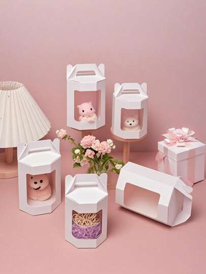 12pcs Gift Box, Octagonal Paper Boxes With Handles And Transparent PET Window, Matte White Suitable For Party, Birthday, Wedding, Christmas, Holiday Gifts Packaging