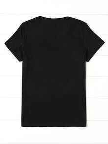 Camiseta con estampado de labios rojos y dólares, camiseta casual de manga corta con cuello redondo, ropa elegante para mujeres en todas las estaciones - Negro - Ver 2